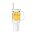 White tumbler with a cartoon character design on a white background