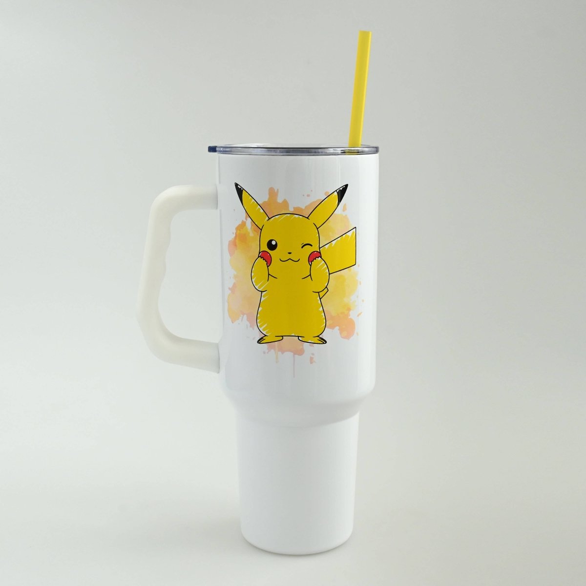 White tumbler with a cartoon character on a white background