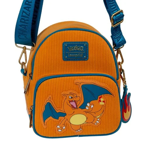 Pokémon Charizard orange corduroy convertible bag with flame tail detail
