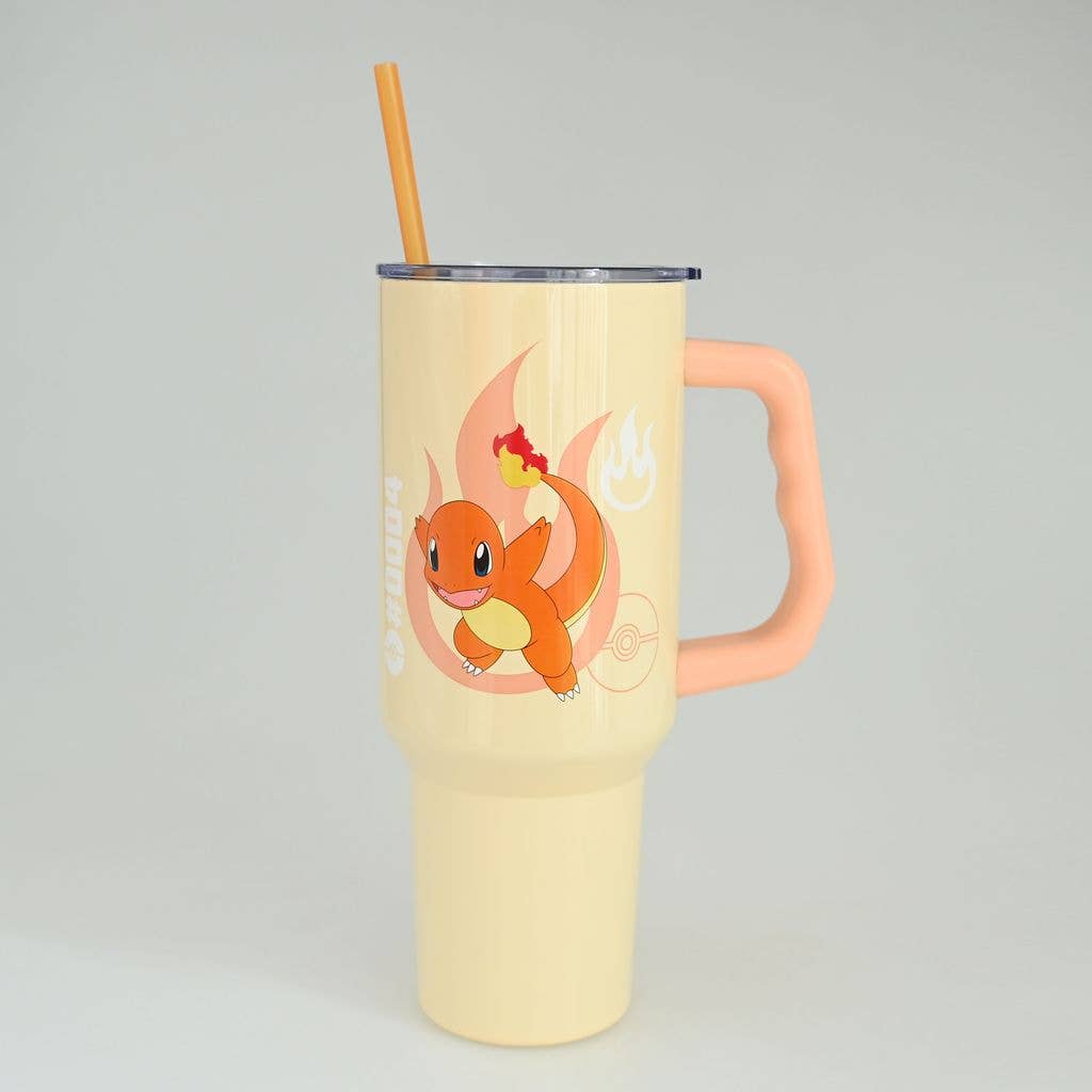 Tumbler with a cartoon character on a light gray background