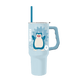 Light blue tumbler with a cartoon penguin design on a white background