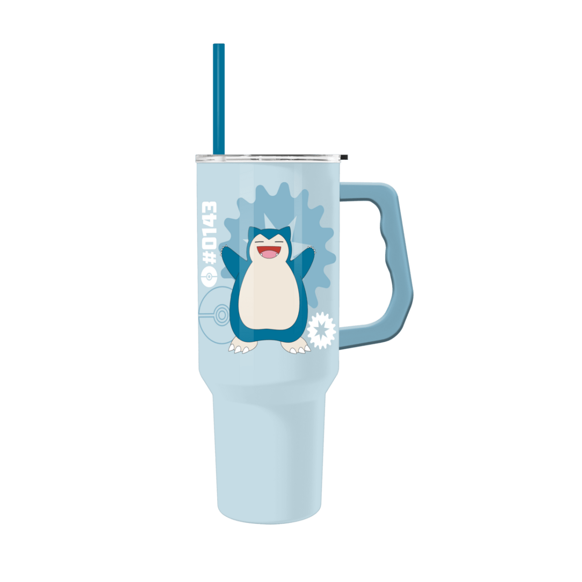Light blue tumbler with a cartoon penguin design on a white background