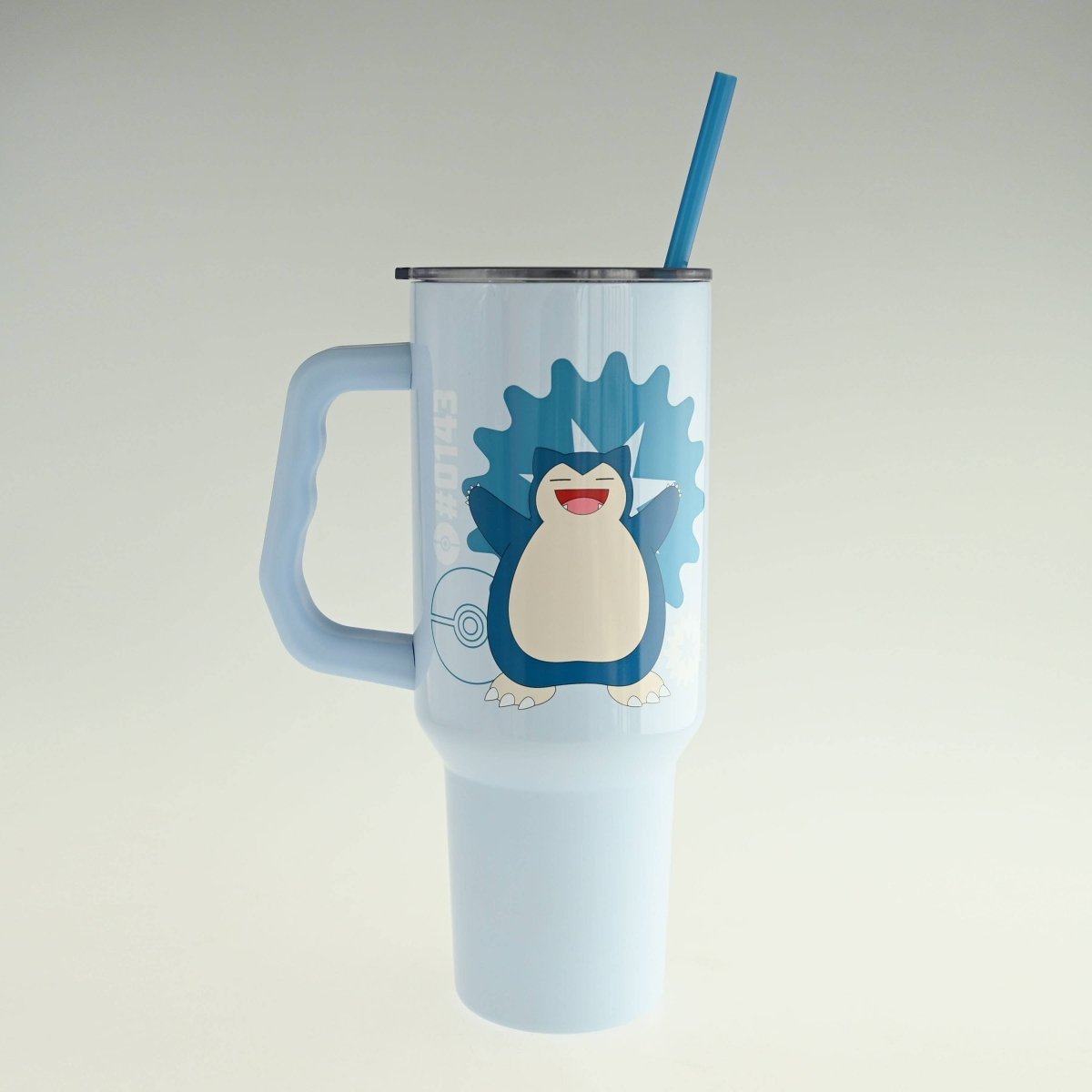 Light blue tumbler with a cartoon character on a white background