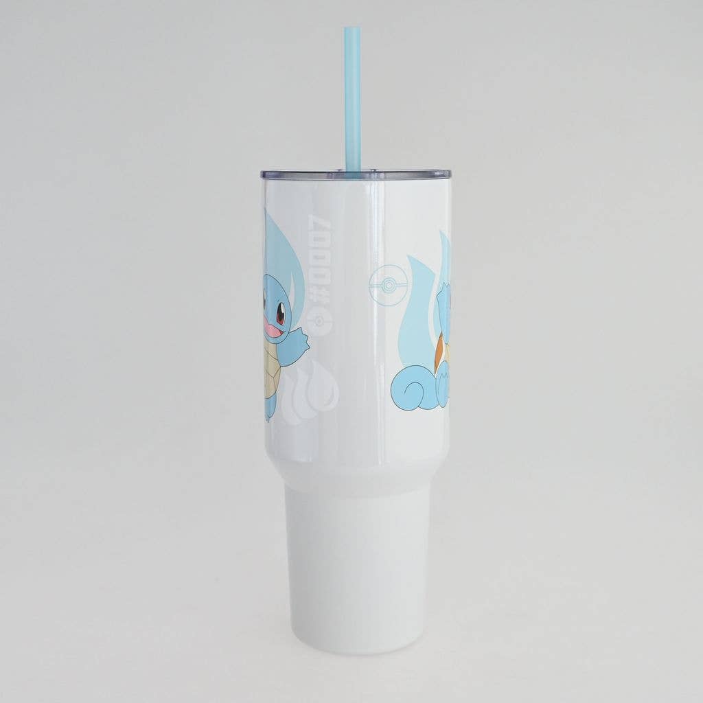 Clear tumbler with cartoon character design on a light gray background