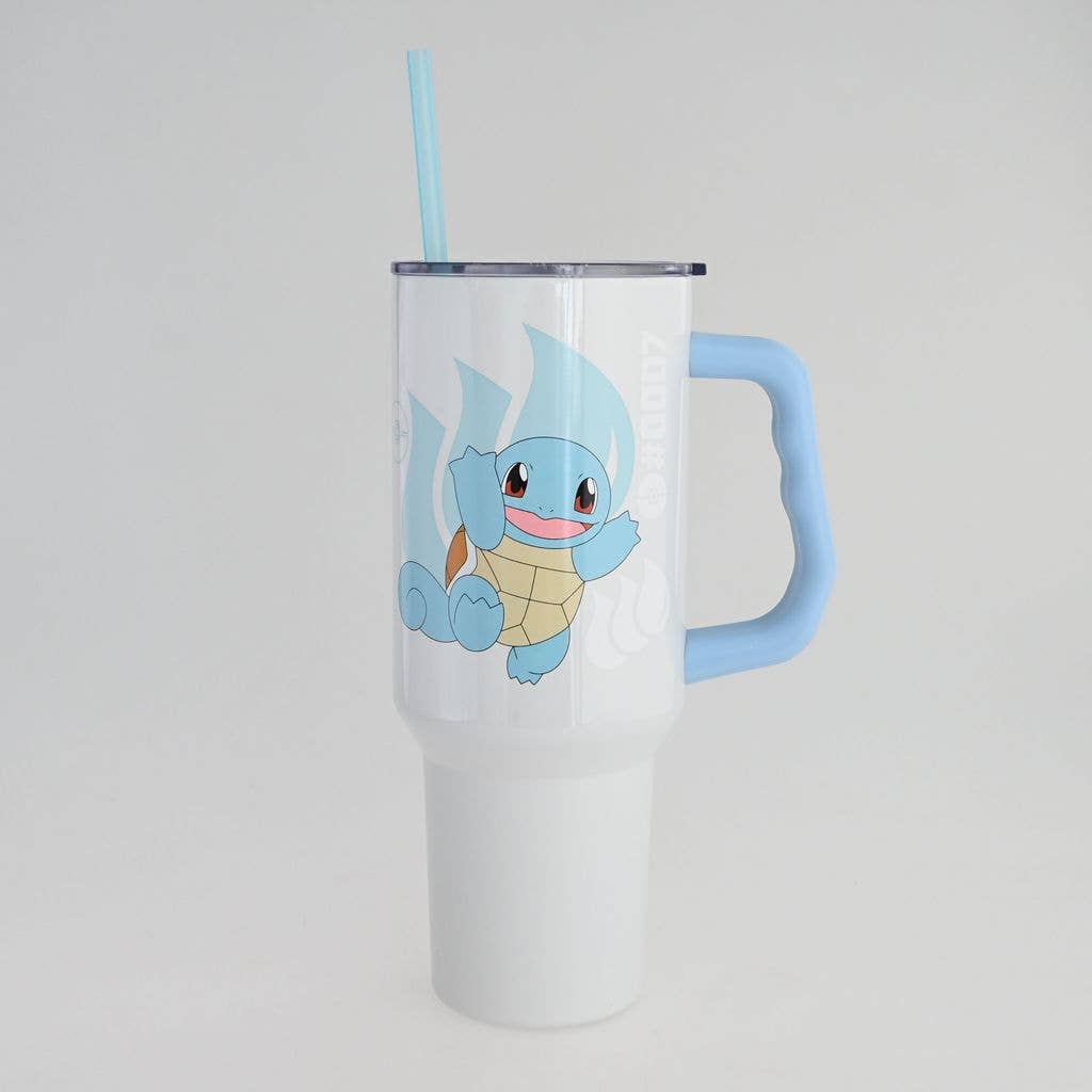 Clear tumbler with a cartoon character on a light gray background
