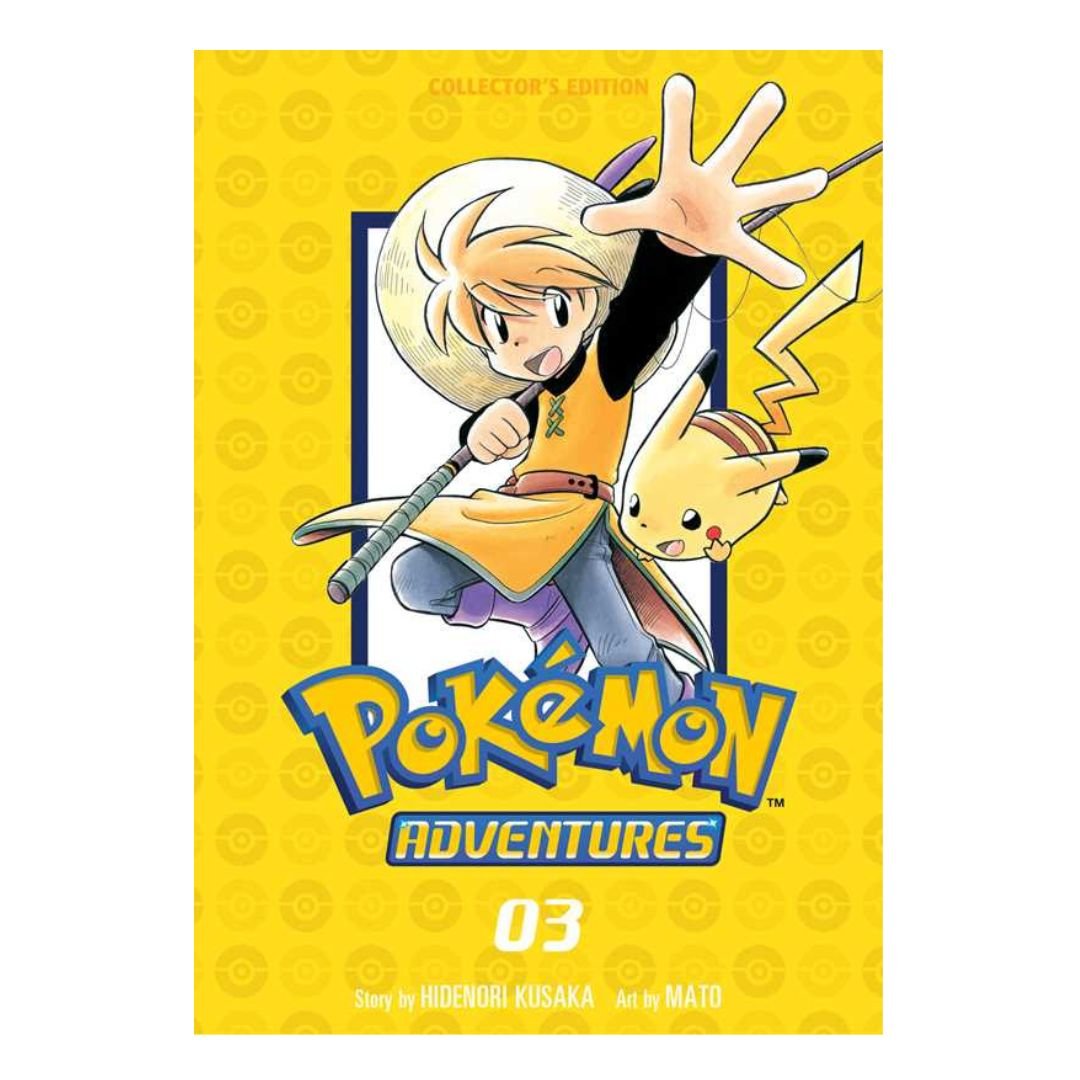 Pokémon Adventures book cover with character and Pikachu on a yellow background