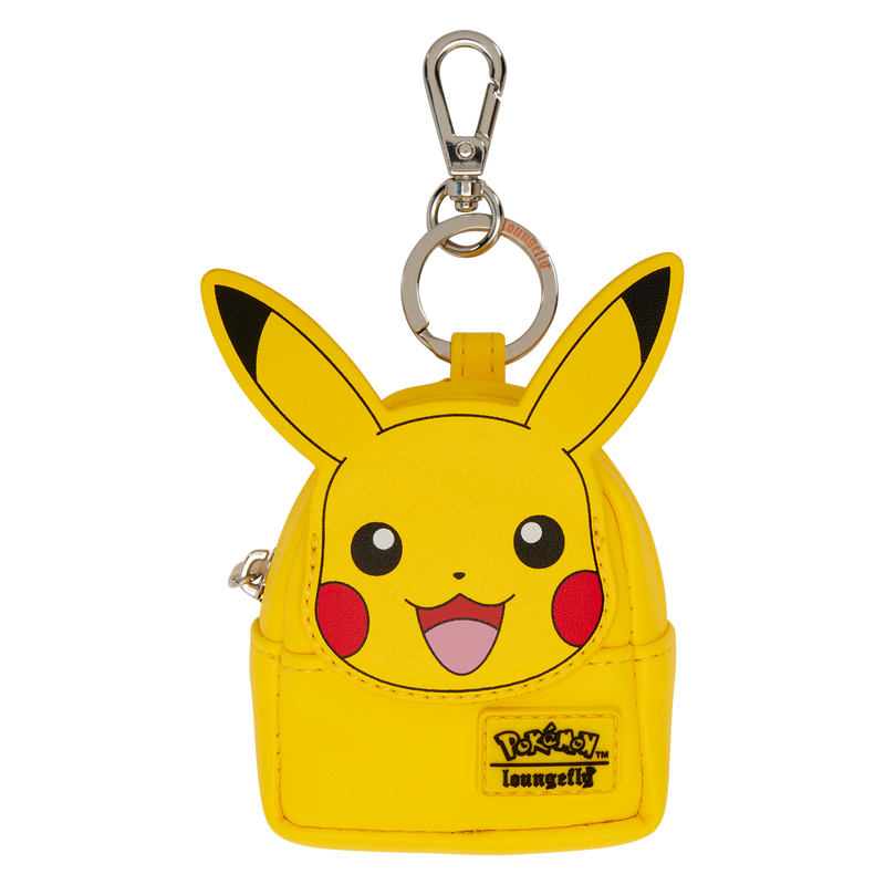 Yellow Pikachu keychain with a small backpack on a white background