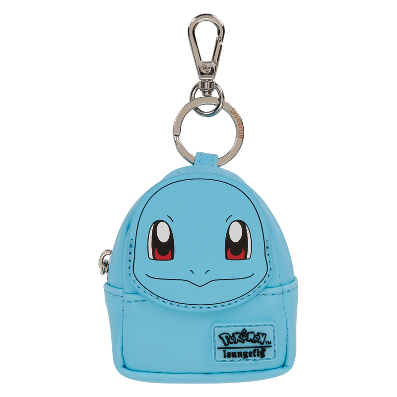 Blue keychain with a cartoon character face on a white background