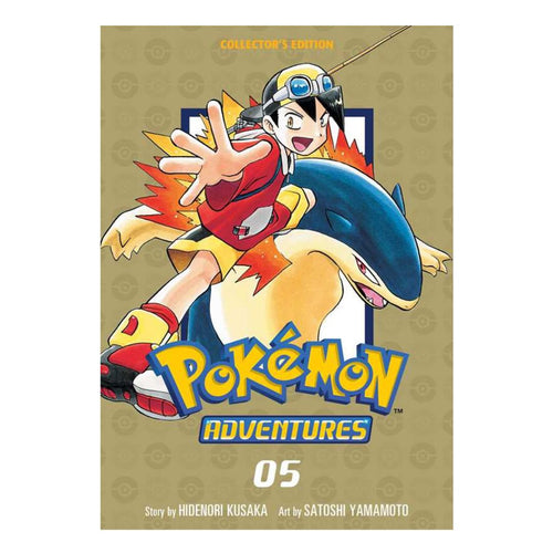 Pokémon Adventures book cover with character and logo on a beige background
