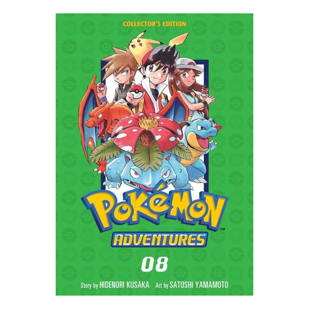 Pokémon Adventures Collector's Edition book cover with characters and Pokémons on a green background