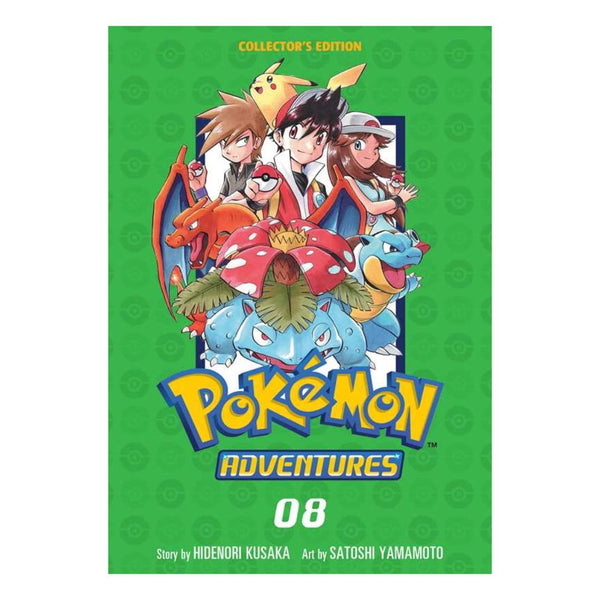 Pokémon Adventures Collector's Edition book cover with characters and Pokémons on a green background