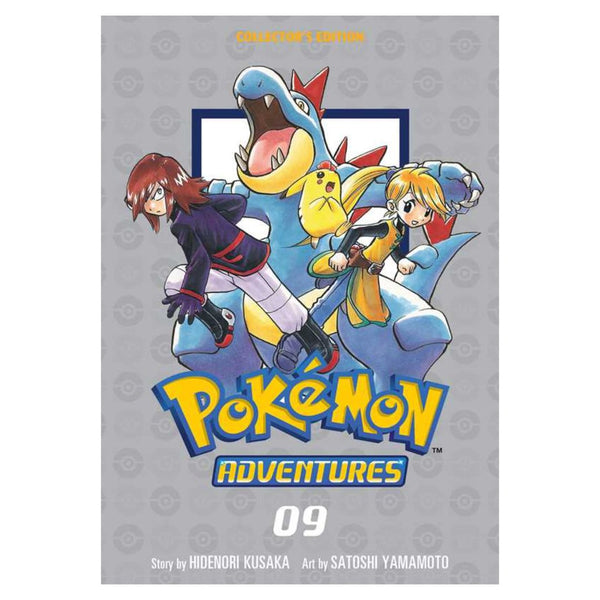 Pokémon Adventures book cover with characters and Pokémon on a gray background