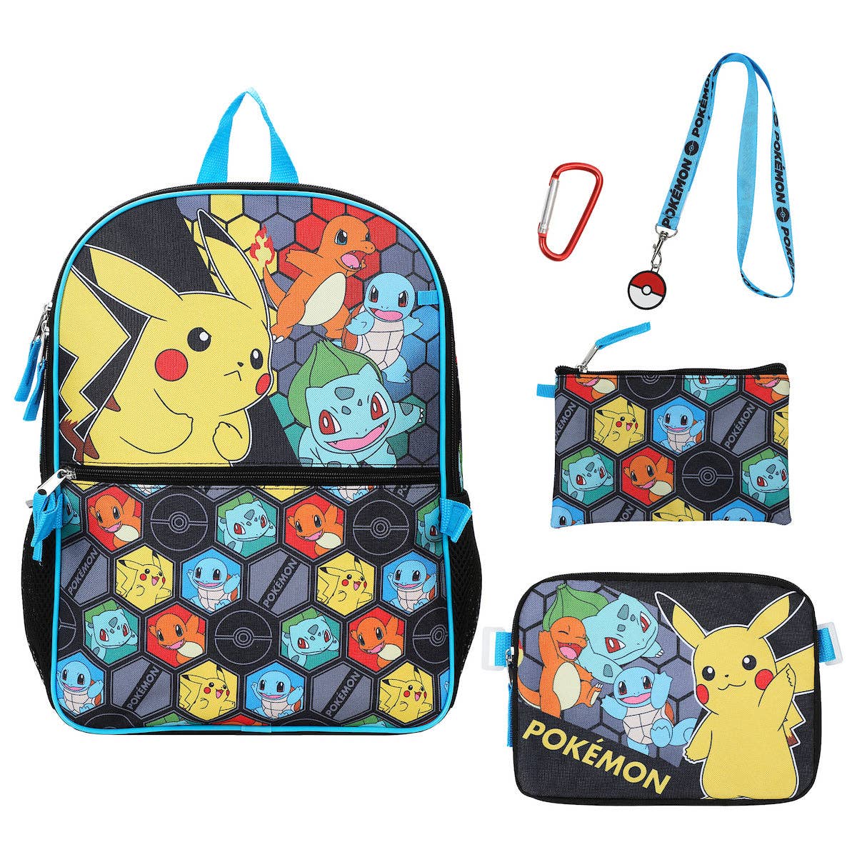 Pokémon backpack, pouch, and lanyard set on a white background