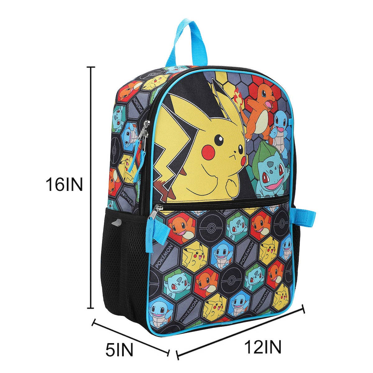 Pokemon-themed backpack with Pikachu design and measurements on a white background