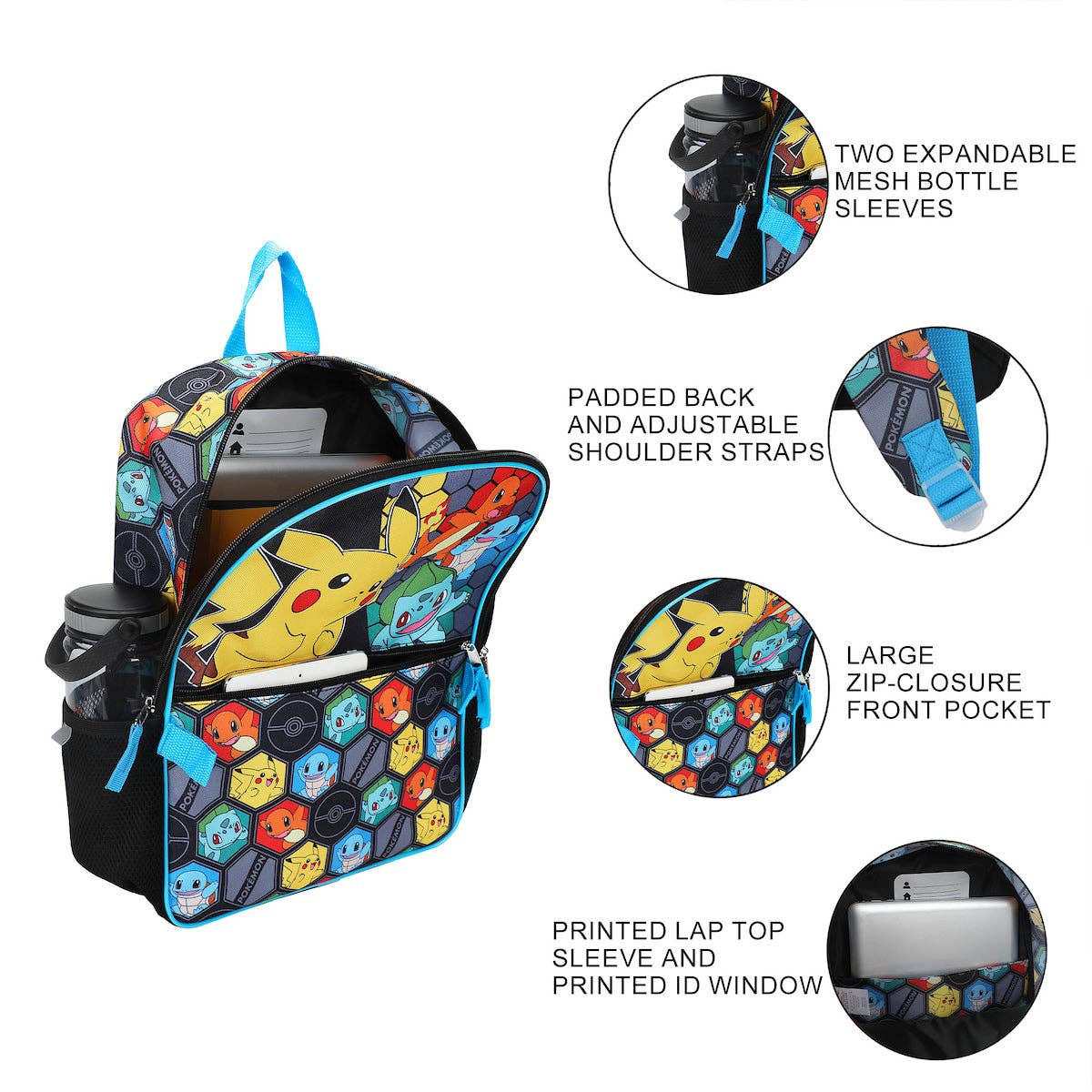 Backpack with cartoon character design, expandable bottle sleeves, and various compartments on a white background.