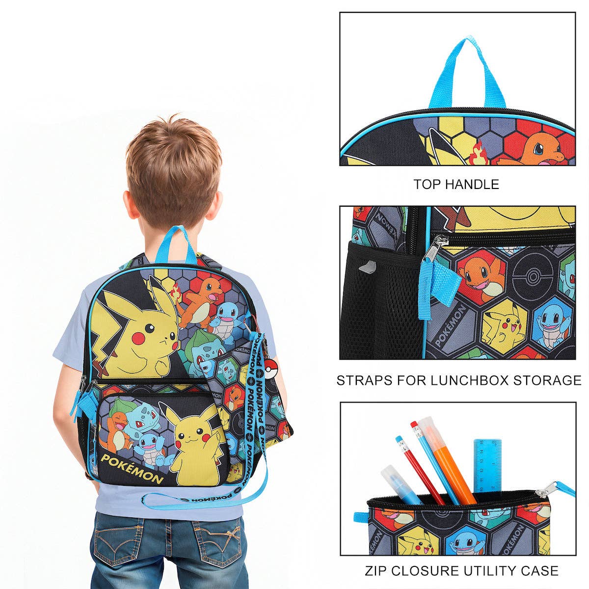Pokemon backpack with features highlighted on a white background