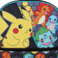 Pikachu and Charmander, Squirtle, and Bulbasaur on a geometric patterned background