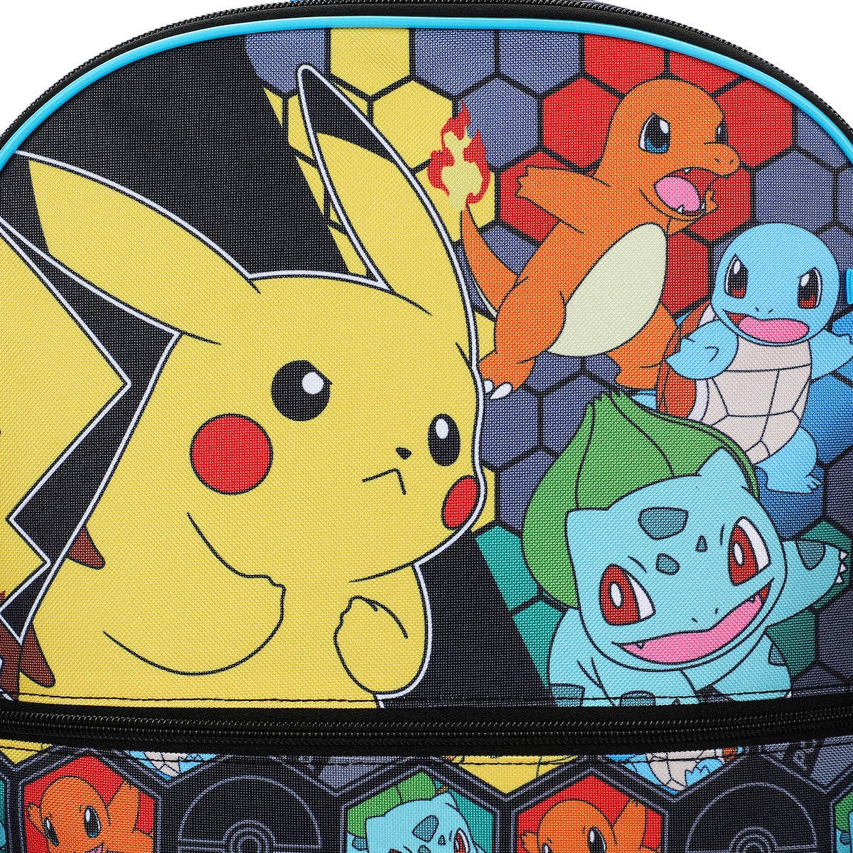 Pikachu and Charmander, Squirtle, and Bulbasaur on a geometric patterned background