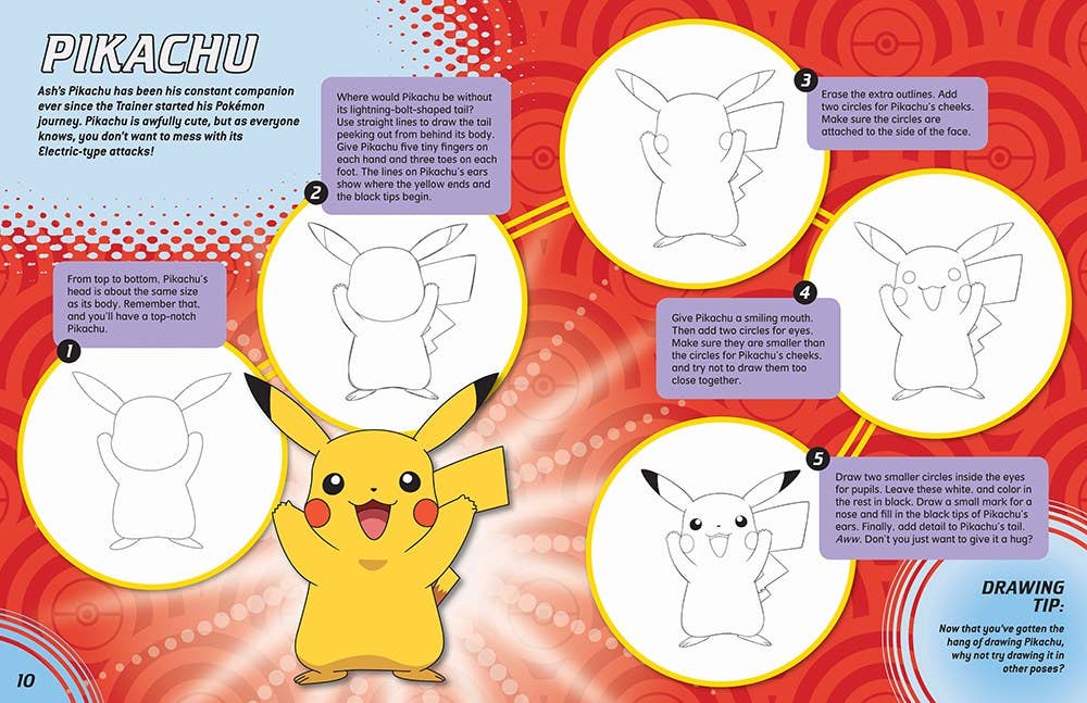 Step-by-step guide to drawing Pikachu with instructional text on a colorful background