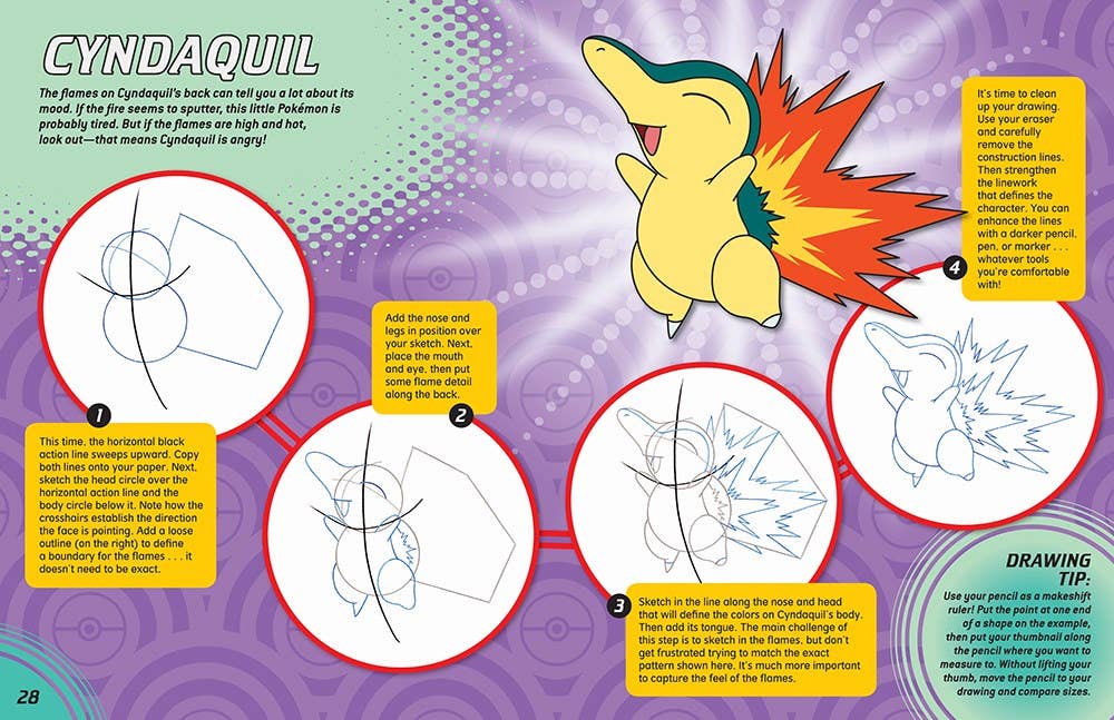 Pokemon Cyndaquil drawing guide on a purple background