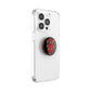 Clear phone case with a PopSockets grip featuring a red and black design on a white background