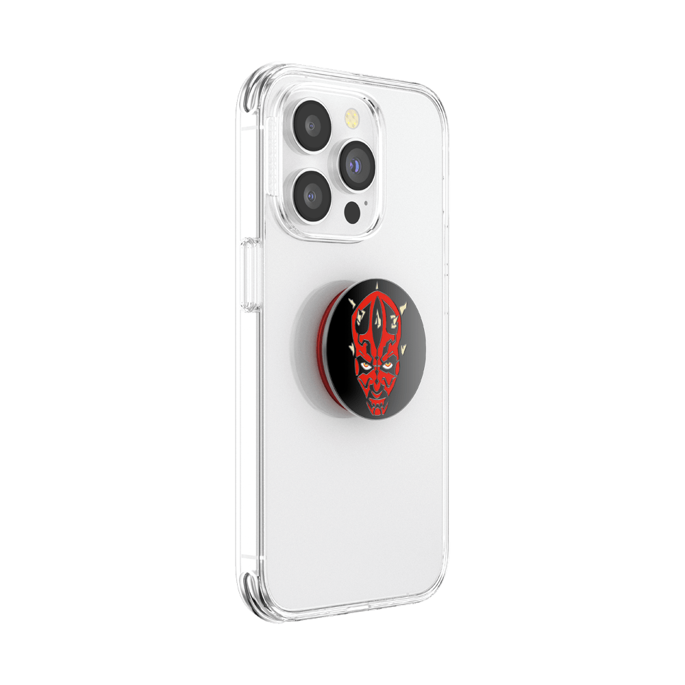 Clear phone case with a PopSockets grip featuring a red and black design on a white background