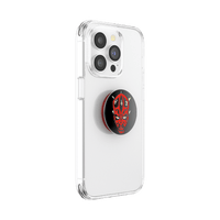 Clear phone case with a PopSockets grip featuring a red and black design on a white background
