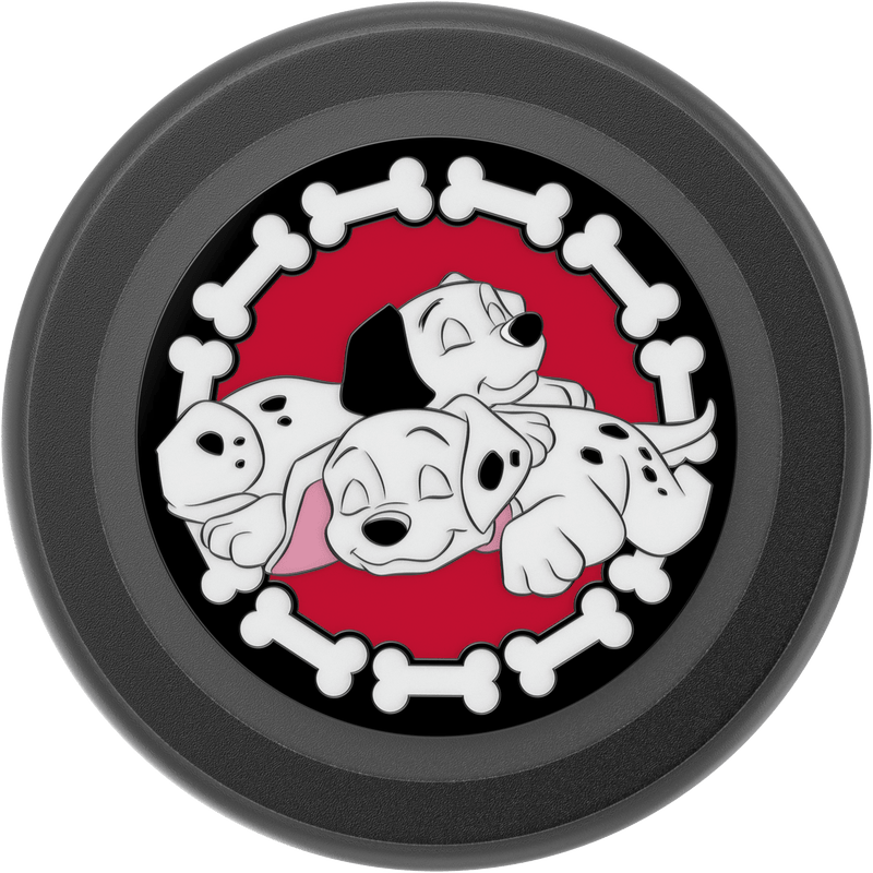 Black pop socket with cartoon dogs and bones design on a white background
