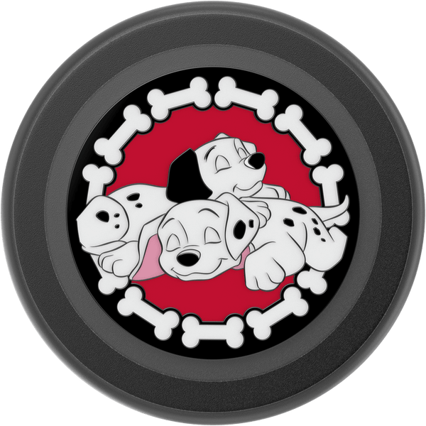 Black pop socket with cartoon dogs and bones design on a white background