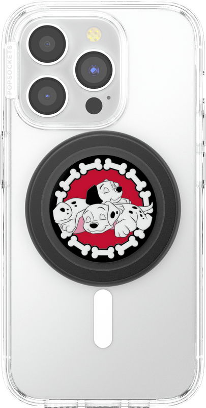 Phone case with PopSockets grip featuring cartoon dogs and a red circle design.