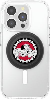 Phone case with PopSockets grip featuring cartoon dogs and a red circle design.