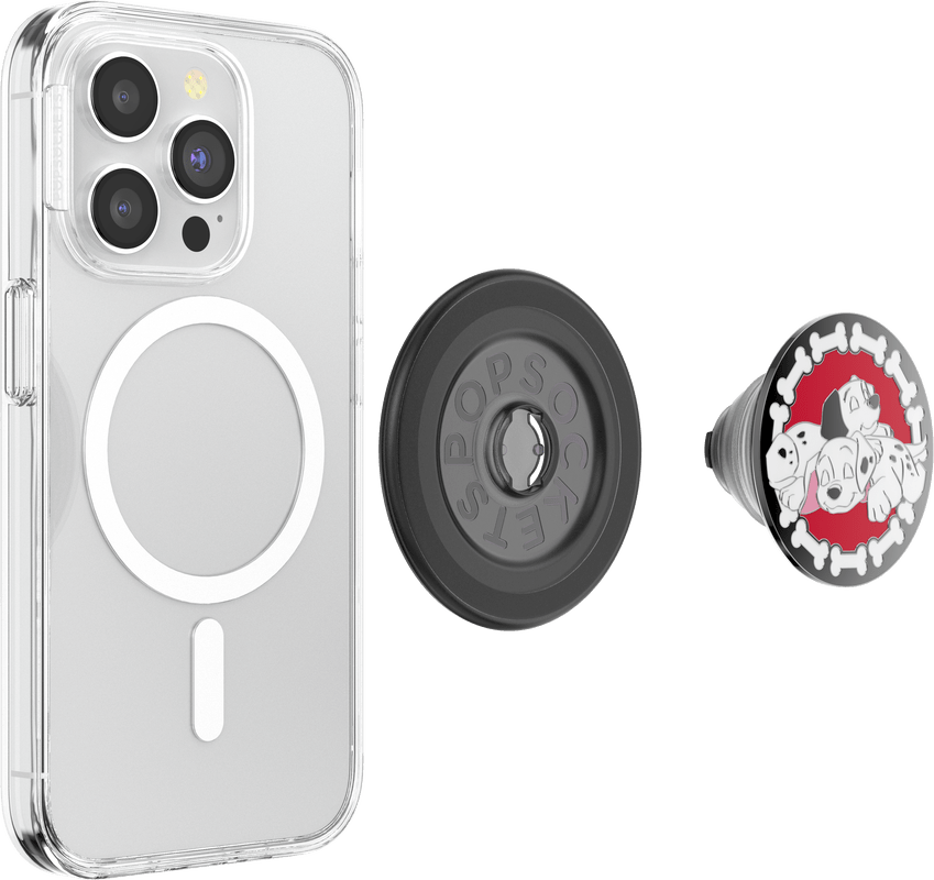 Phone case with pop socket and another pop socket with a design on a white background