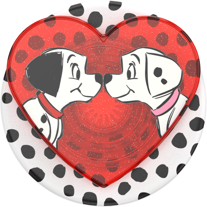 Heart-shaped compact mirror with cartoon dogs and polka dot design