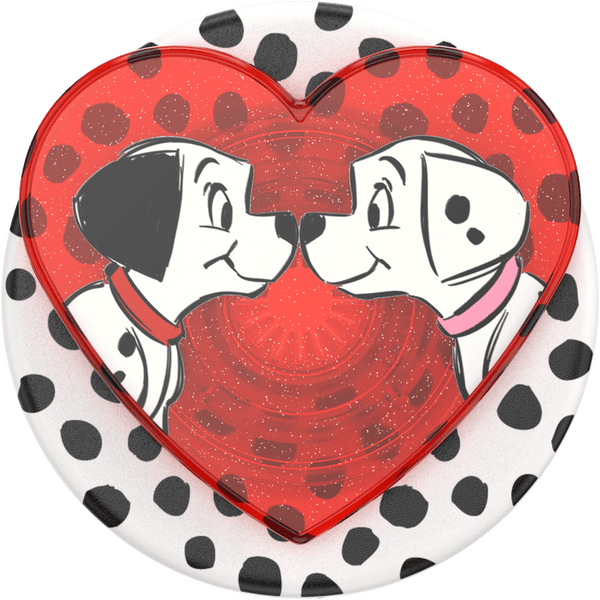 Heart-shaped compact mirror with cartoon dogs and polka dot design