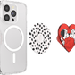 Phone case with magnetic ring, polka dot stand, and heart-shaped design on a white background