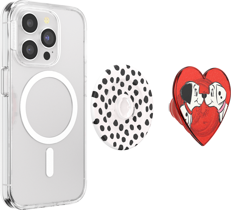 Phone case with magnetic ring, polka dot stand, and heart-shaped design on a white background