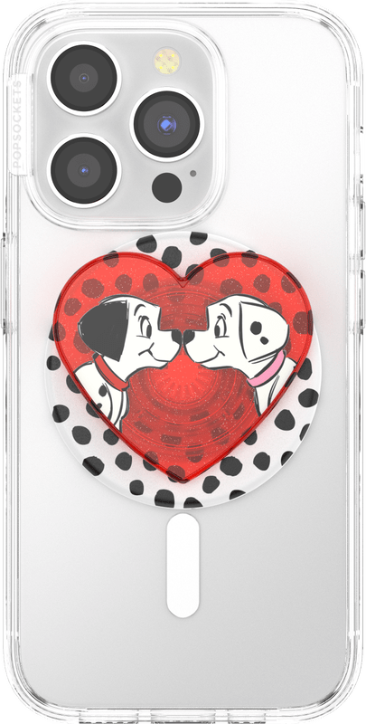 Phone case with cartoon characters in a heart design on a clear background