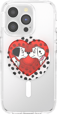 Phone case with cartoon characters in a heart design on a clear background
