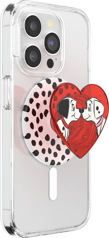 Phone case with heart design featuring a character and polka dots on a clear background