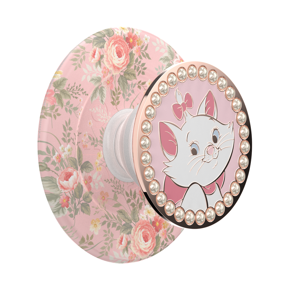 A round decorative accessory with a pink floral pattern on one side and a circular face featuring Marie the white cat character surrounded by faux pearls and a rose-gold border on the other. A white mounting stem is visible in the center.