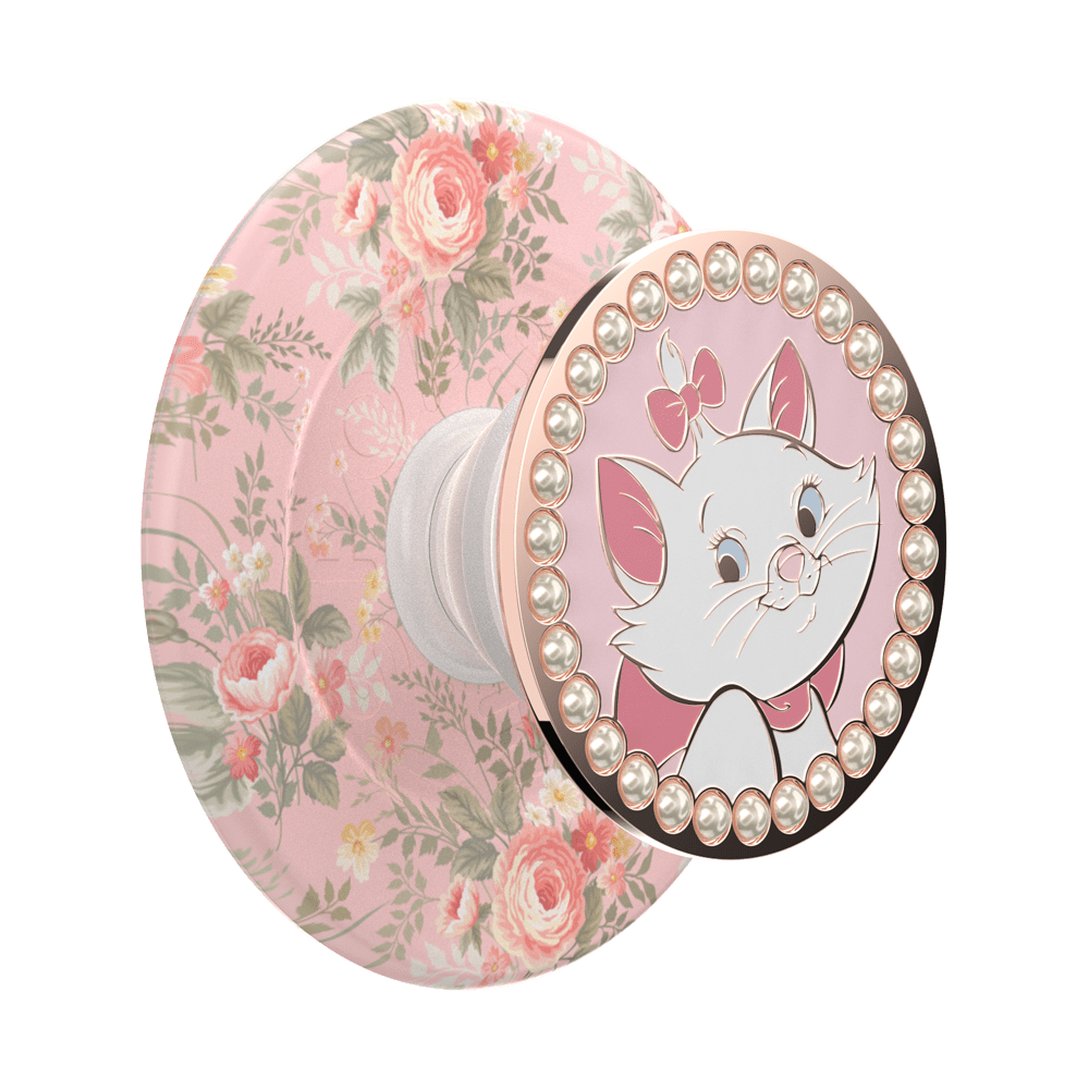 A round decorative accessory with a pink floral pattern on one side and a circular face featuring Marie the white cat character surrounded by faux pearls and a rose-gold border on the other. A white mounting stem is visible in the center.