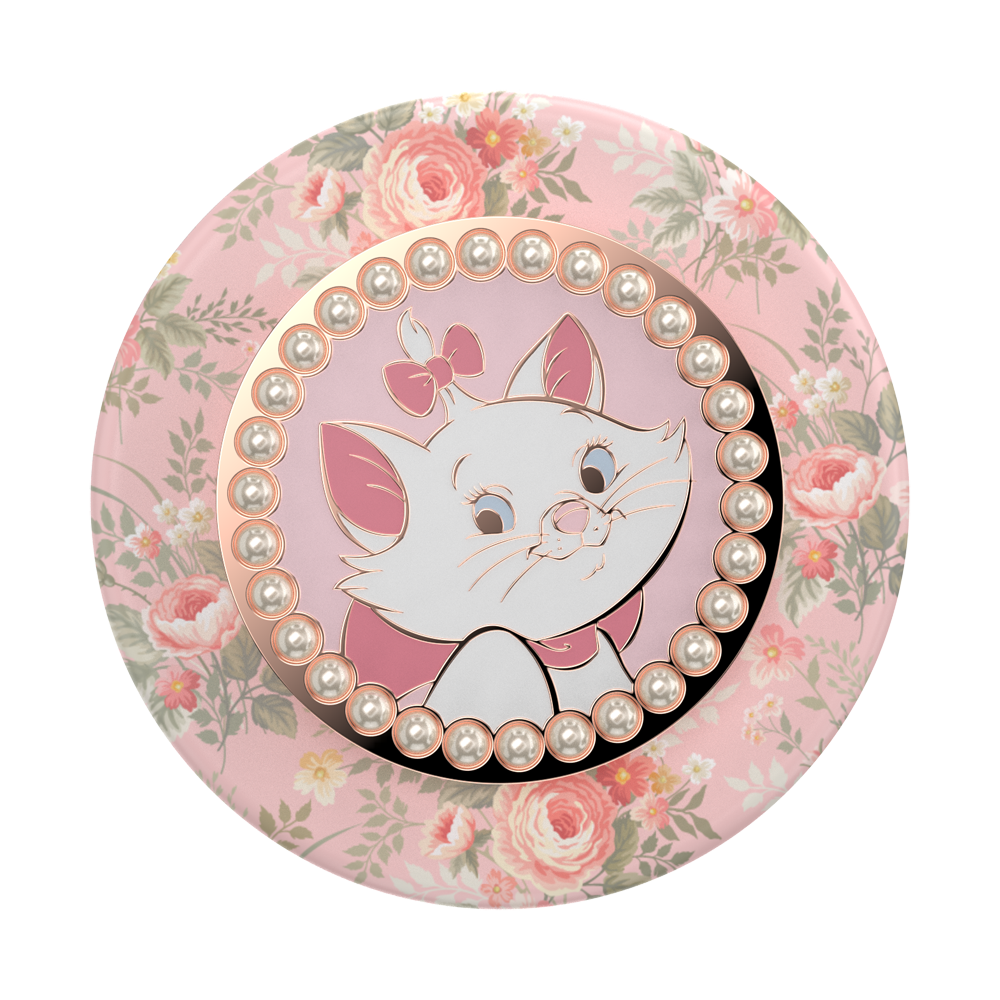 A round pink pop socket featuring a floral pattern with a central illustration of Marie the cat framed by a border of faux pearls.