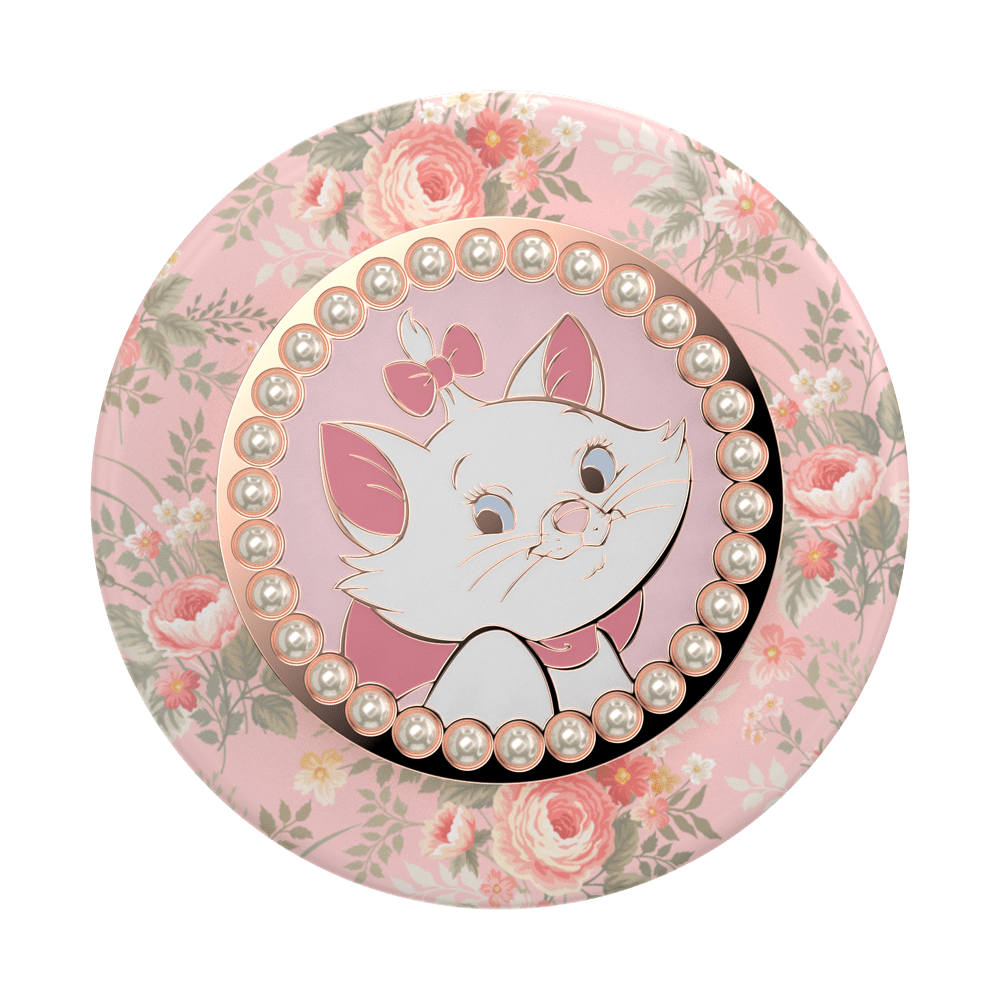 A round pink pop socket featuring a floral pattern with a central illustration of Marie the cat framed by a border of faux pearls.