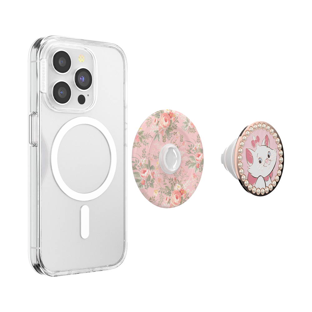 A clear protective phone case with a MagSafe ring, shown alongside two interchangeable back accessories: a round pink floral pattern insert and a round pop socket featuring a cartoon cat illustration with a pearl border.