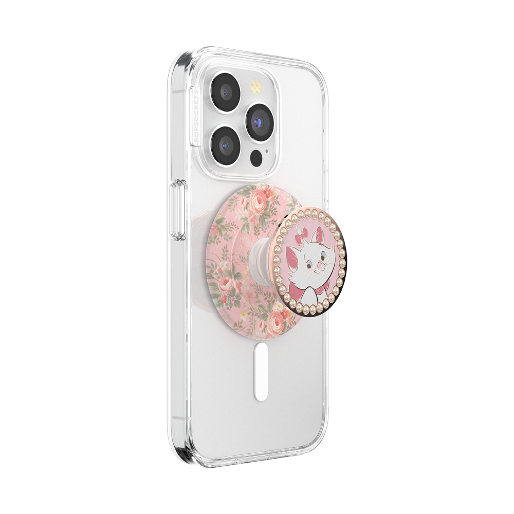 A clear protective phone case on a smartphone, featuring a circular floral pop socket with a Marie Antoinette character design on the top grip.