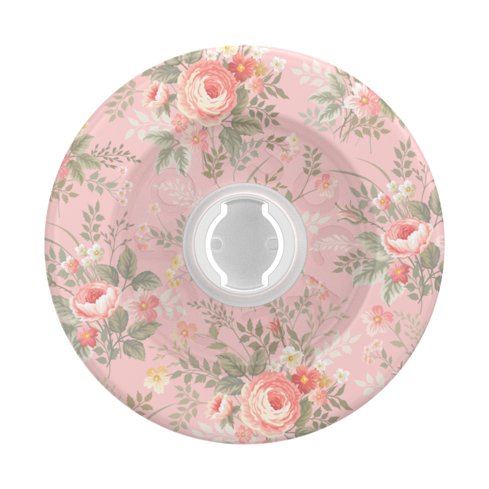 A round plastic bottle cap featuring a vintage-style floral pattern in pink, green, and white, with a clear plastic insert in the center.