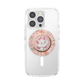 A clear phone case on a white smartphone, featuring a circular pink floral pop socket with a cartoon cat illustration and pearl-like trim.