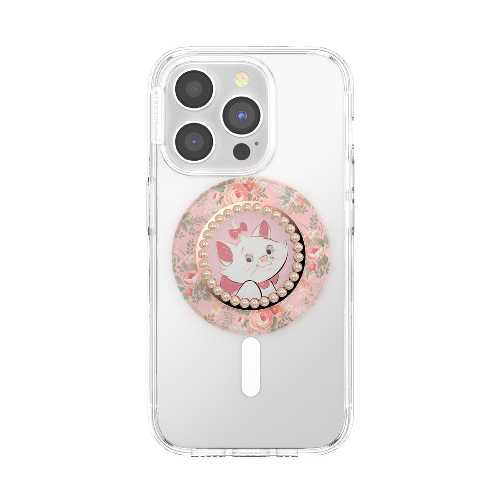 A clear phone case on a white smartphone, featuring a circular pink floral pop socket with a cartoon cat illustration and pearl-like trim.