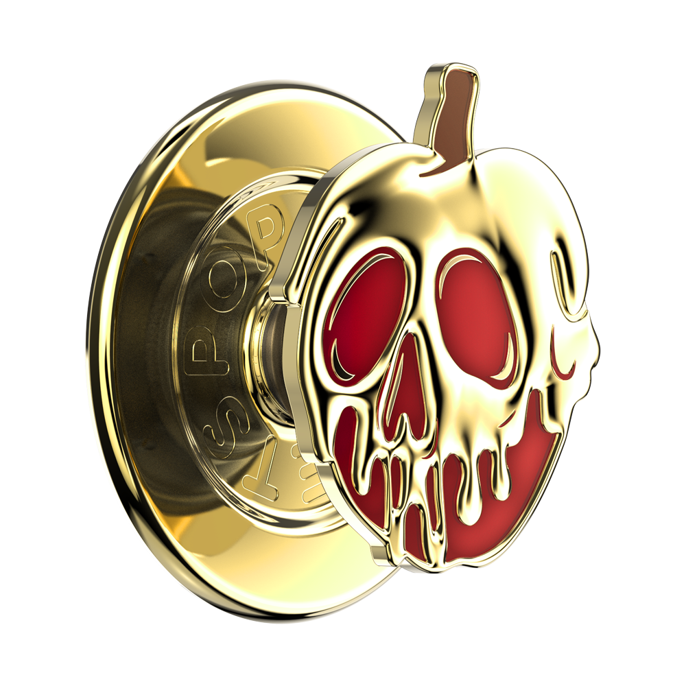 A gold metallic pop socket featuring a skull-shaped accent with red enamel details, shown on a plain white background.