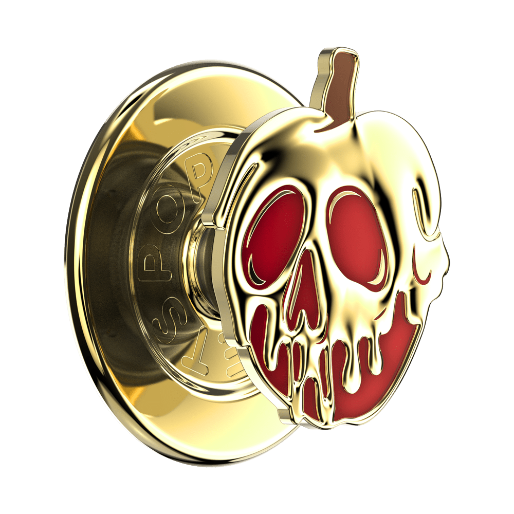 A gold metallic pop socket featuring a skull-shaped accent with red enamel details, shown on a plain white background.